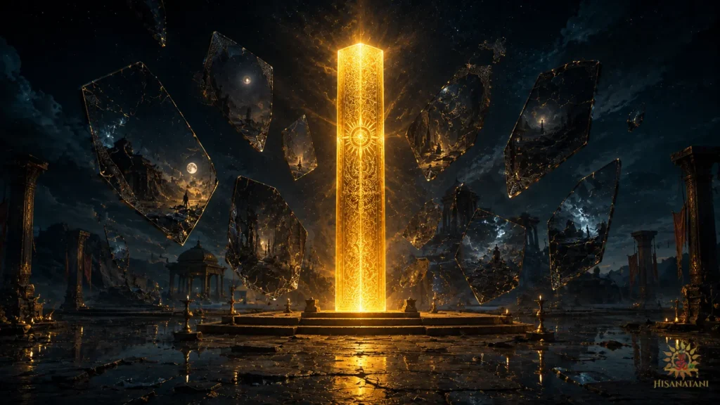 A golden pillar of light surrounded by fractured obsidian mirror shards in a Bhagavad Gita 1.43 Summary study of varna sankara consequences.