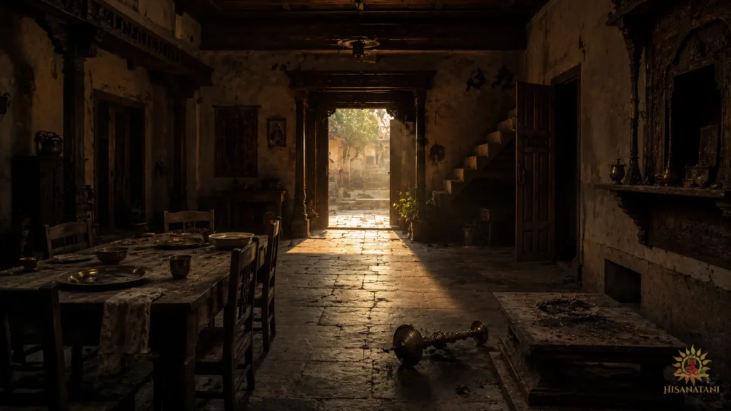 An empty dining space and unlit lamp inside a still-standing home, part of a Bhagavad Gita 1.43 Summary look at Jati dharma destruction.