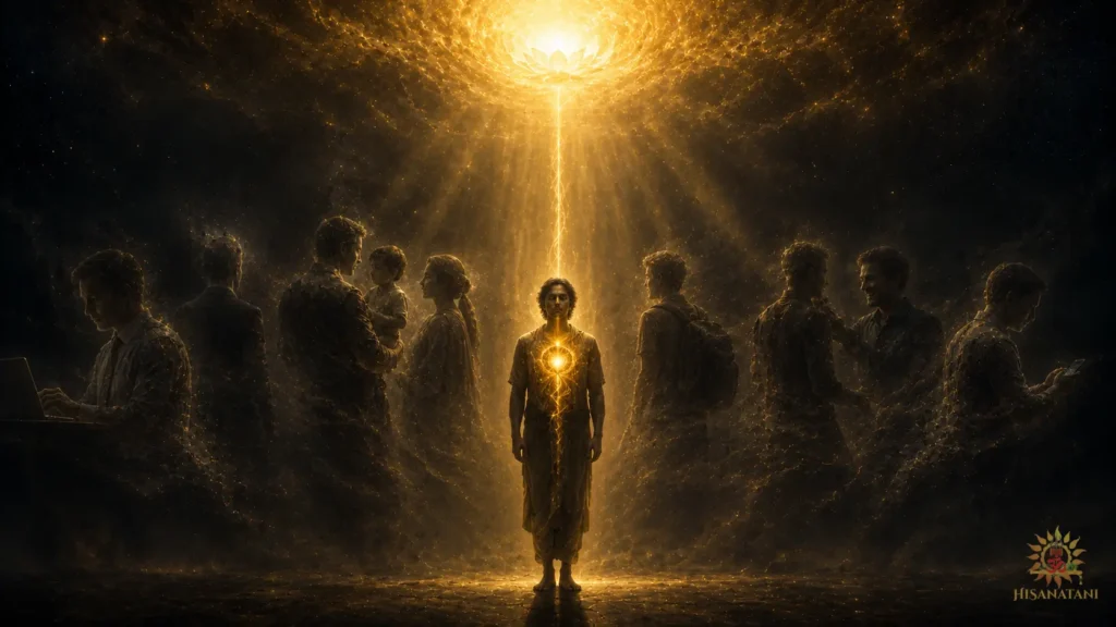 A solitary figure with a glowing chest-flame beneath dissolving identity layers, in a Bhagavad Gita 1.43 Summary exploration of Kula Dharma meaning.