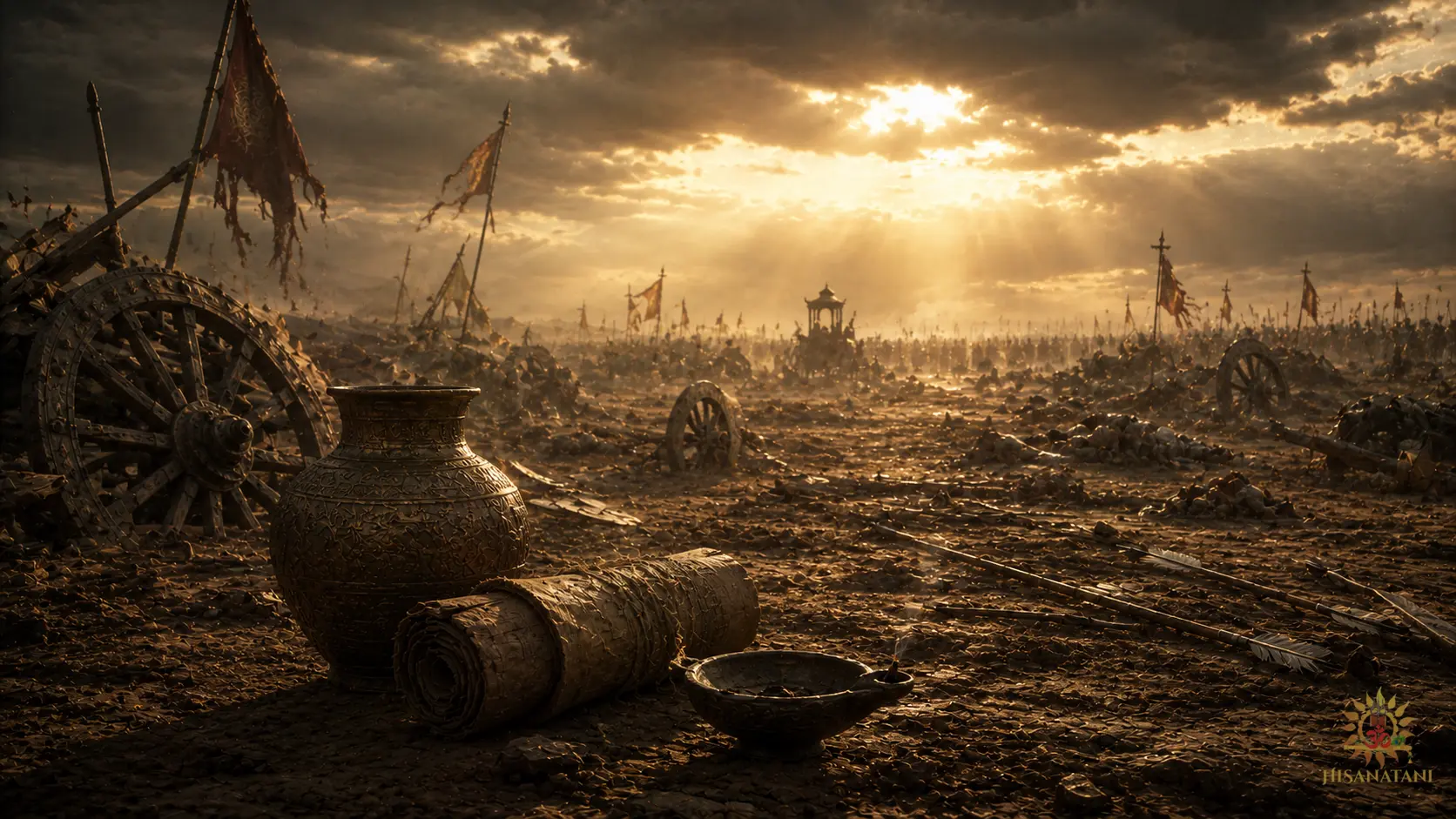 An extinguished lamp and bronze heirloom vessel on a solemn Kurukshetra battlefield, in a Bhagavad Gita 1.43 Summary note on moral responsibility future generations.