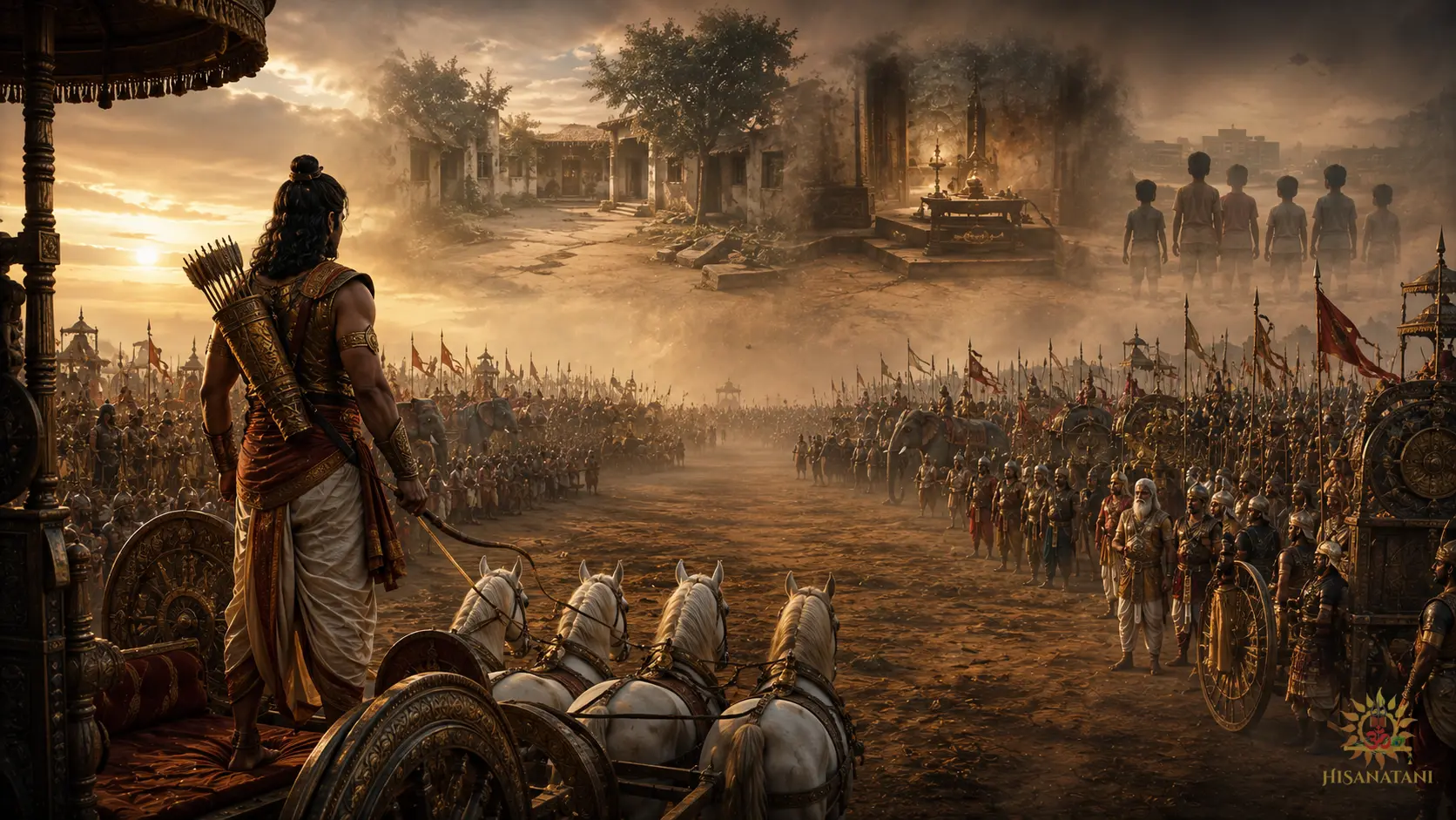 Arjuna surveys Kurukshetra and its families in Bhagavad Gita 1.44 Summary, reflecting dharma and Krishna teachings.