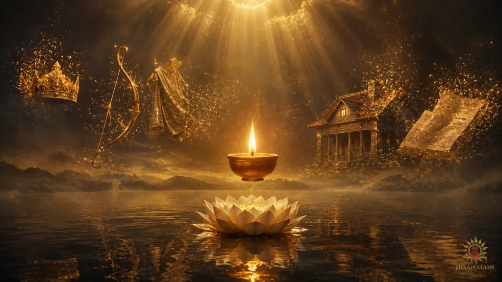 A sacred flame shines beyond fading worldly symbols in Bhagavad Gita 1.44 Summary, reflecting self-realization and dharma.