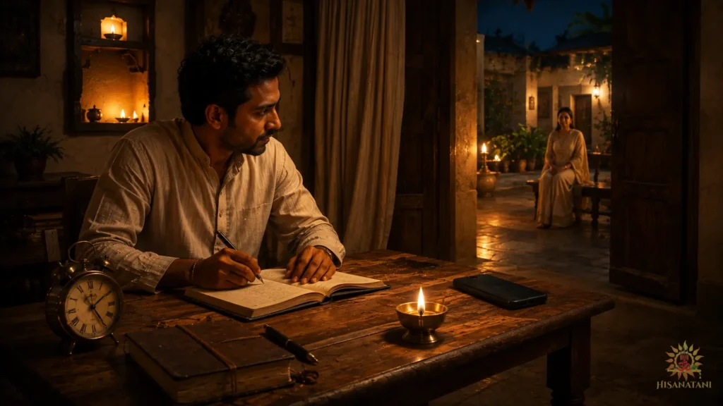 A person protects an hour for family beside a diya in Bhagavad Gita 1.44 Summary, practicing dharma daily.