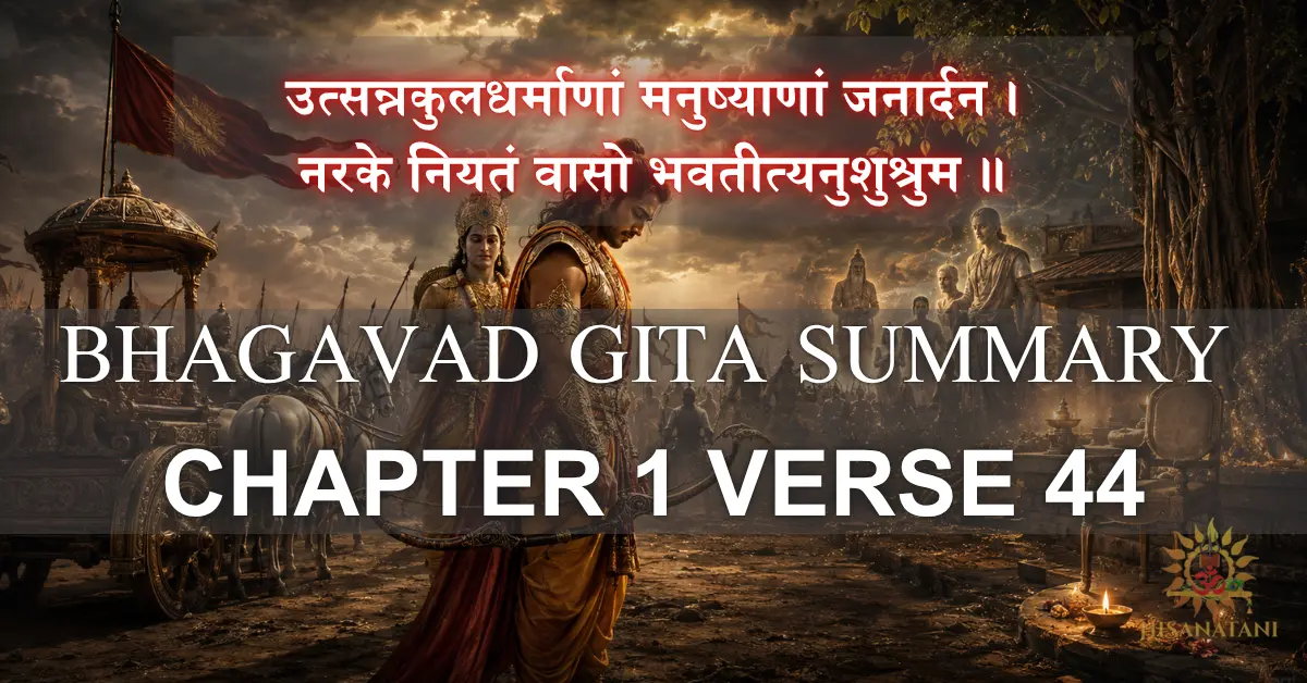 Arjuna faces Kurukshetra with a lowered bow, reflecting Bhagavad Gita 1.44 Summary, dharma, and Krishna teachings.