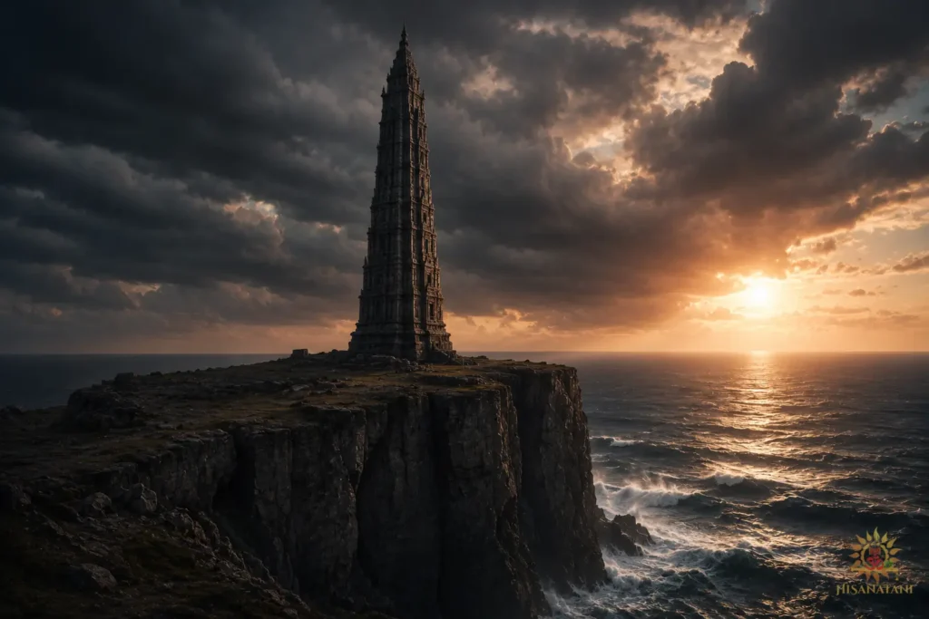 A tall ancient stone monolith tower isolated on a mountain cliff side featured in Bhagavad Gita 1.44 Summary highlighting how ambition destroys family traditions karma when built alone.