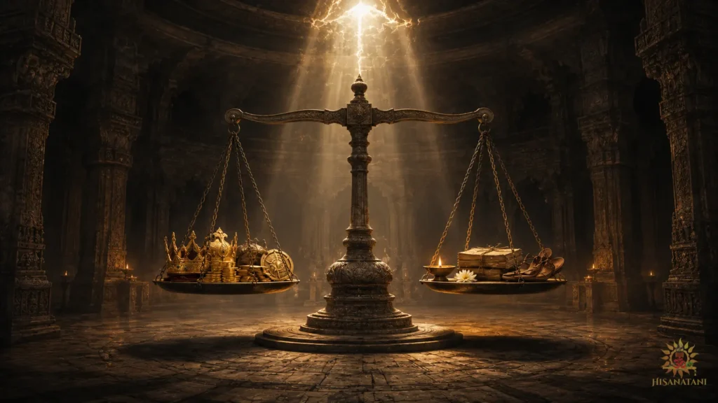 A crown and family lamp balance on ancient scales in Bhagavad Gita 1.44 Summary, exploring dharma and inner peace.