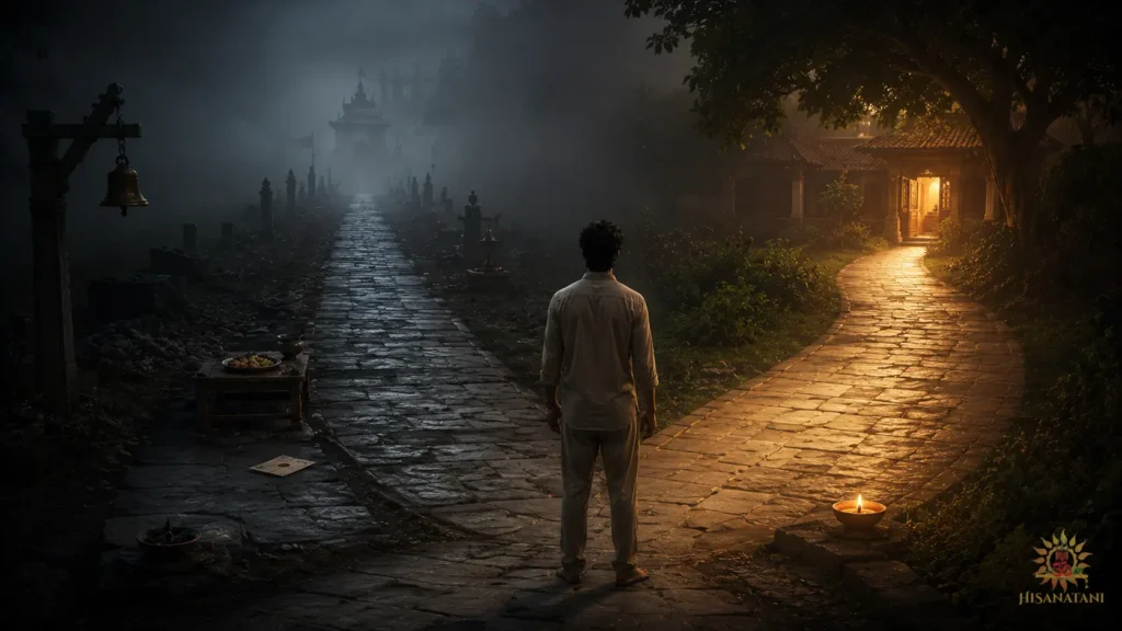 A lone figure chooses between a dark path and a lit home in Bhagavad Gita 1.44 Summary, seeking inner peace.