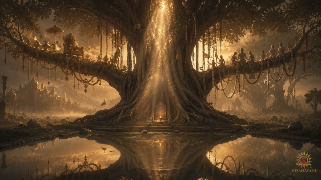 One banyan tree divides into two branches — Bhagavad Gita 1.45 Summary, greed and attachment beneath both.