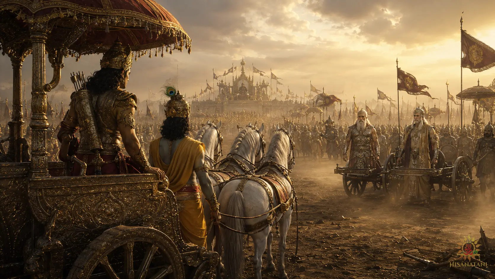 Kurukshetra before battle with Arjuna facing kin — Bhagavad Gita 1.45 Summary, greed and attachment.