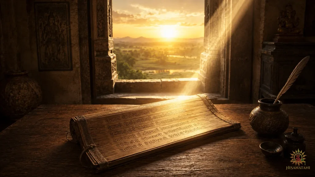 An unrolled ancient manuscript scroll illuminated by morning sunlight reflecting Bhagavad Gita 1.45 Summary for practical life decisions.