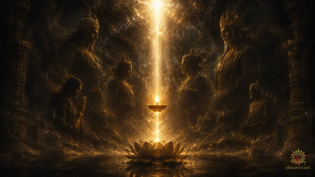 A steady flame surrounded by changing roles — Bhagavad Gita 1.45 Summary, Gita wisdom and inner peace.