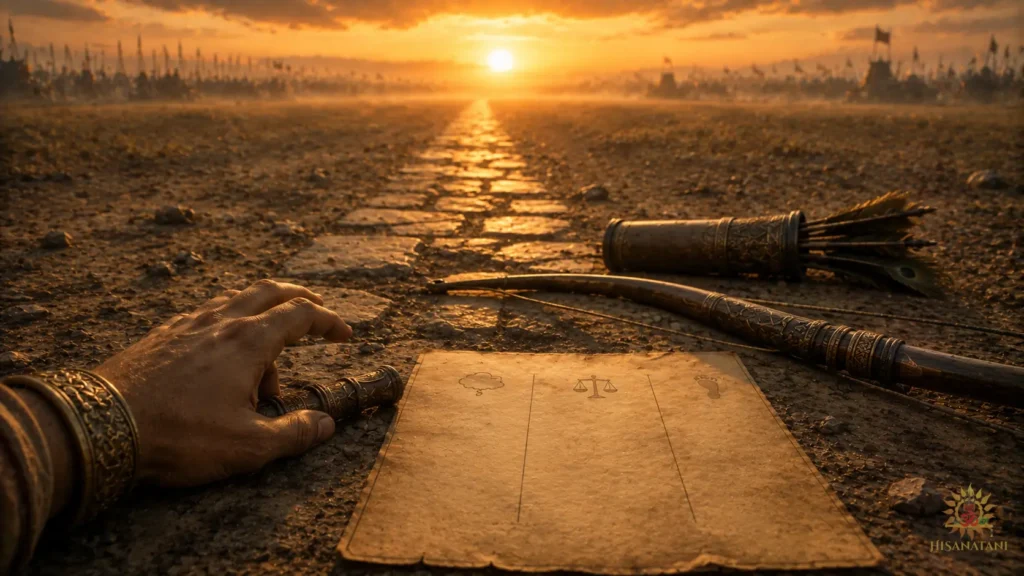 A hand reaches for one bow piece in Bhagavad Gita 1.46 Summary, illustrating one honest step through burnout and Gita wisdom.