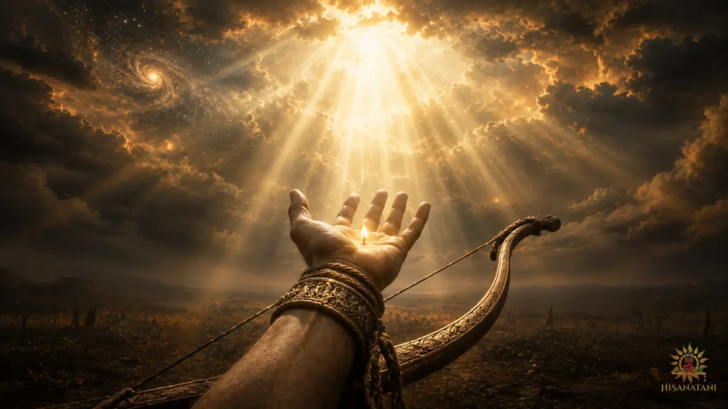 An open hand releases a bow beneath divine light in Bhagavad Gita 1.46 Summary, evoking surrender and inner peace.