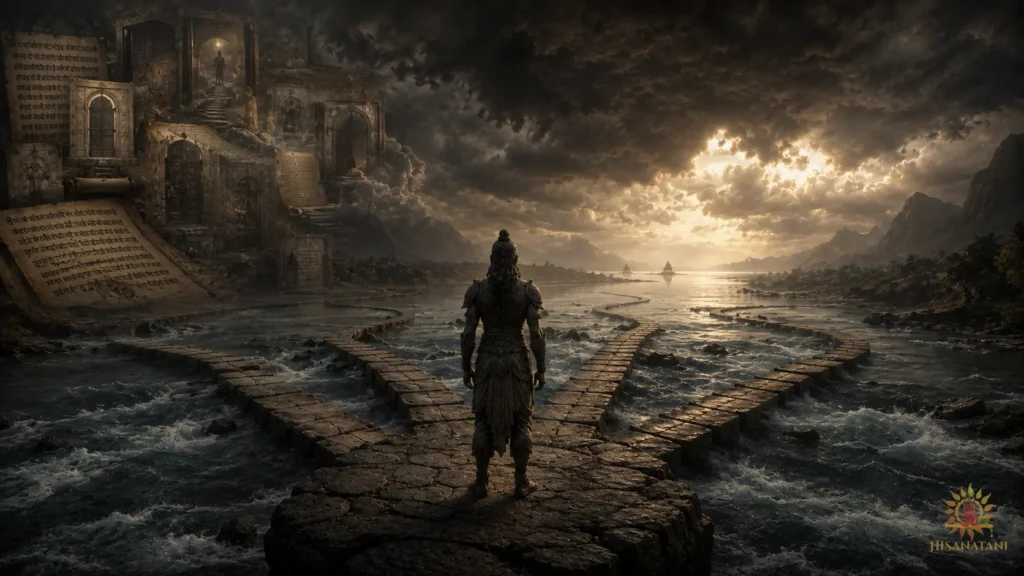 A frozen warrior faces turbulent waters in Bhagavad Gita 1.46 Summary, portraying emotional exhaustion and a freeze response.