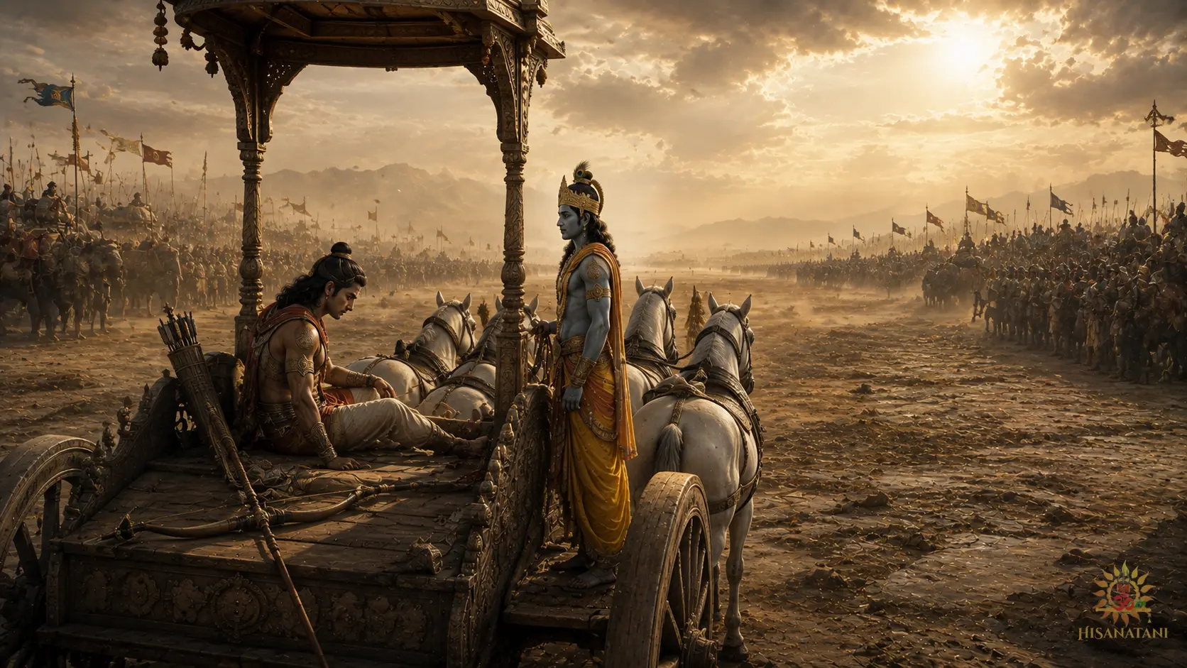 Arjuna's chariot stands still amid Kurukshetra in Bhagavad Gita 1.46 Summary, capturing the historic battlefield and surrender.