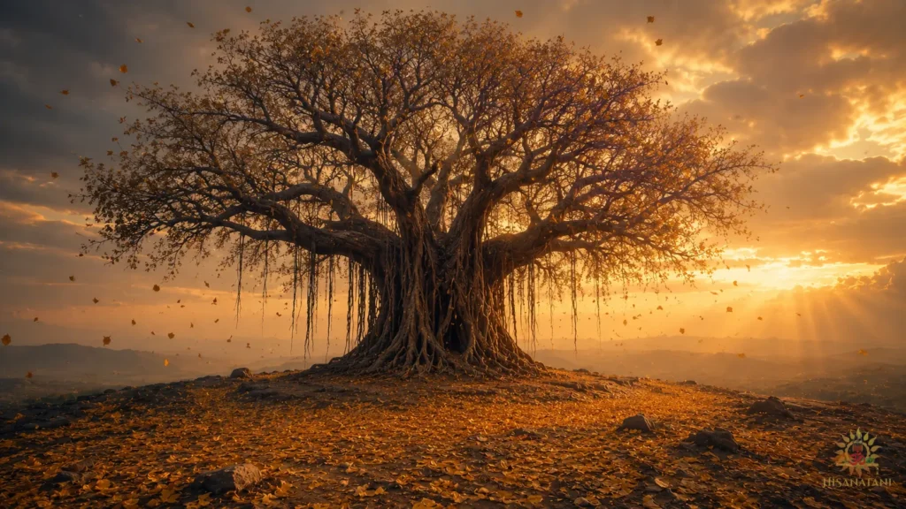 A solitary banyan tree dropping leaves in a Bhagavad Gita 1.46 Summary visual illustrating burnout freeze response and exhaustion.