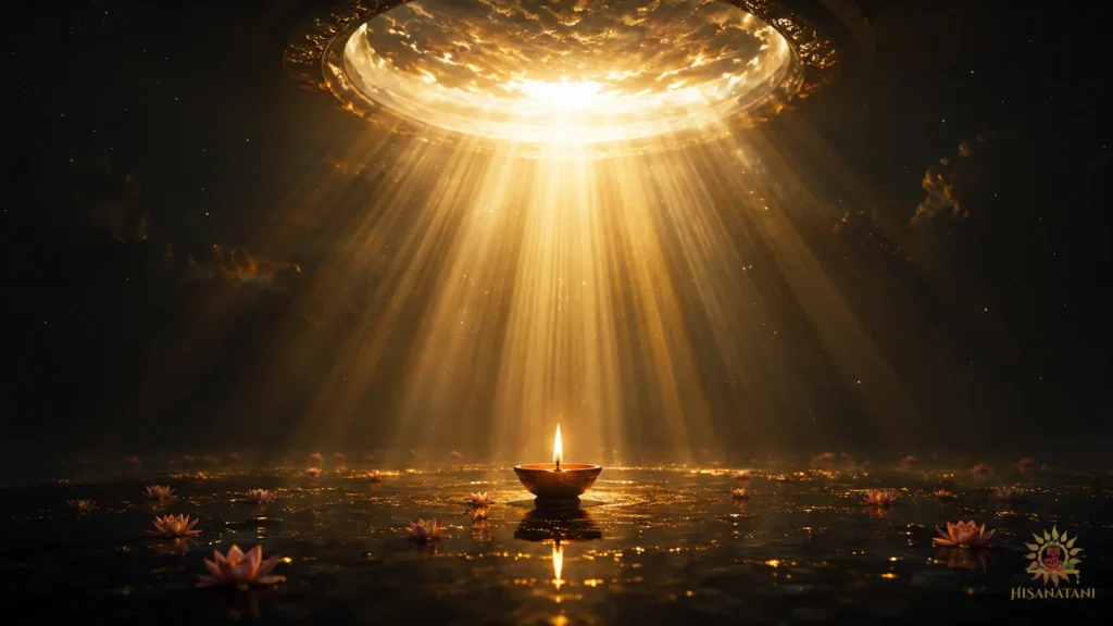 A lone diya receives divine light in darkness, expressing Bhagavad Gita 1.47 Summary and surrender.