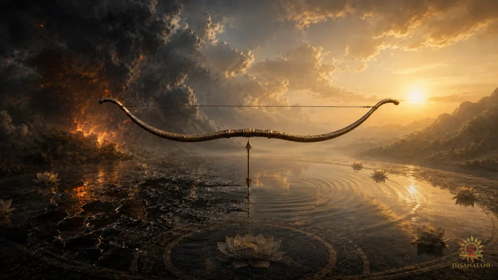 A bow rests between storm and still water, illustrating Bhagavad Gita 1.47 Summary and Gita wisdom.
