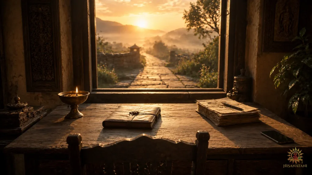 A quiet desk, closed journal and distant phone symbolize Bhagavad Gita 1.47 Summary, inner peace and detachment.