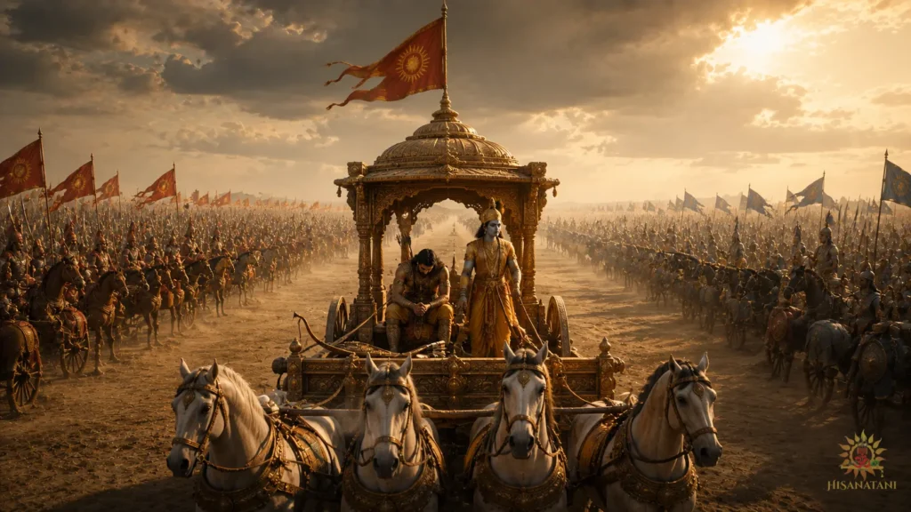 Arjuna sits silently between ancient armies with his bow down, showing Bhagavad Gita 1.47 Summary and Krishna's guidance.