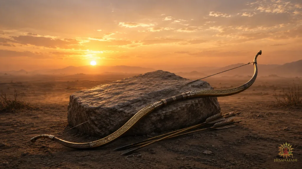A fallen bow rests beside stone in stillness, reflecting Bhagavad Gita 1.47 Summary and burnout.