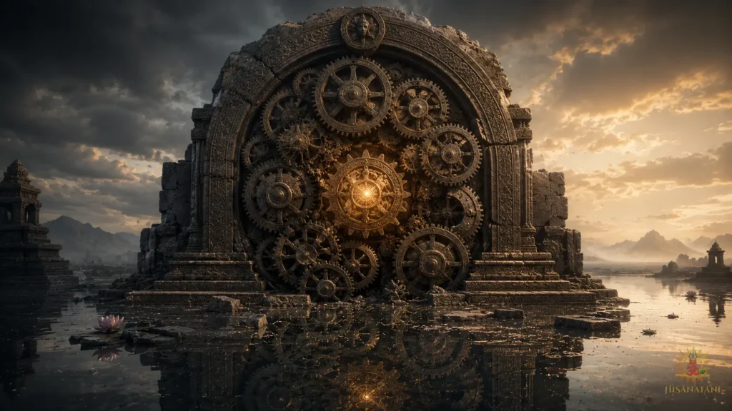 Ancient gears slow beside calming water, symbolizing Bhagavad Gita 1.47 Summary and emotional exhaustion.