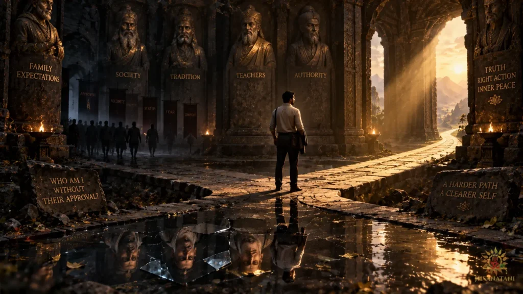 A professional faces a crossroads beneath towering pillars in Bhagavad Gita 2.4 Summary, symbolizing approval, fear and clarity.