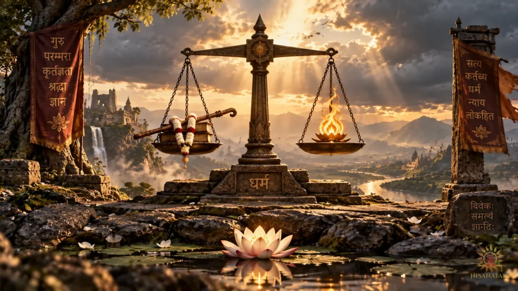 A sacred balance holds a teacher's staff and a flame of duty in Bhagavad Gita 2.4 Summary, exploring gratitude and dharma.