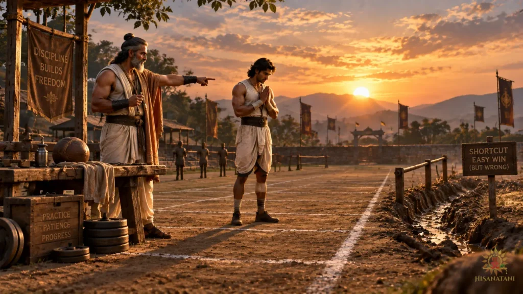 An athlete respectfully refuses an unfair instruction from a mentor in Bhagavad Gita 2.4 Summary, showing duty over blind obedience.