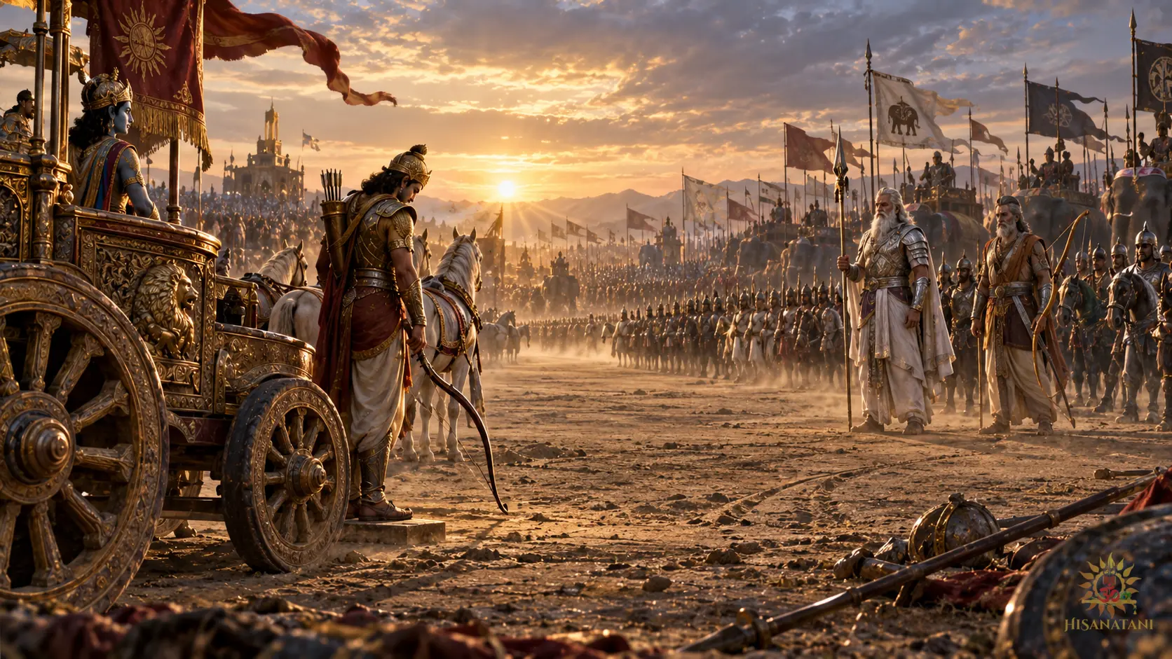 Arjuna faces revered elders across dusty Kurukshetra in Bhagavad Gita 2.4 Summary, showing the verse's historical conflict.