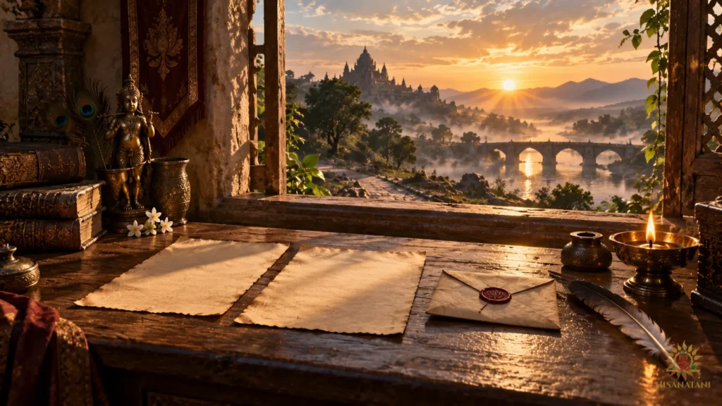 A quill, oil lamp and sealed letter rest on a dawn-lit desk beside an open path: Bhagavad Gita 2.5 Summary on taking one step.