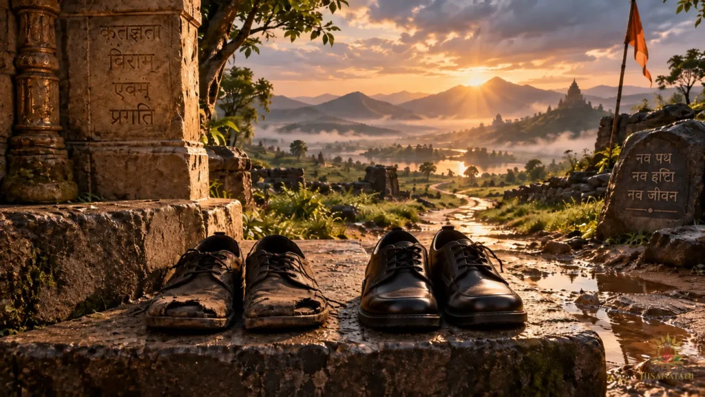 Weathered old sandals rest beside new ones on an open path in morning light: Bhagavad Gita 2.5 Summary and growing with gratitude.