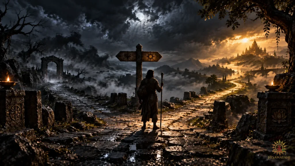 A solitary traveler stands at a foggy stone crossroads, one path leading toward golden light: Bhagavad Gita 2.5 Summary and guilt.