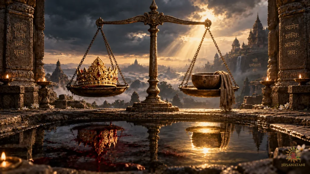 A golden crown and a humble begging bowl balance on an ancient stone scale in sacred light: Bhagavad Gita 2.5 Summary and purpose.