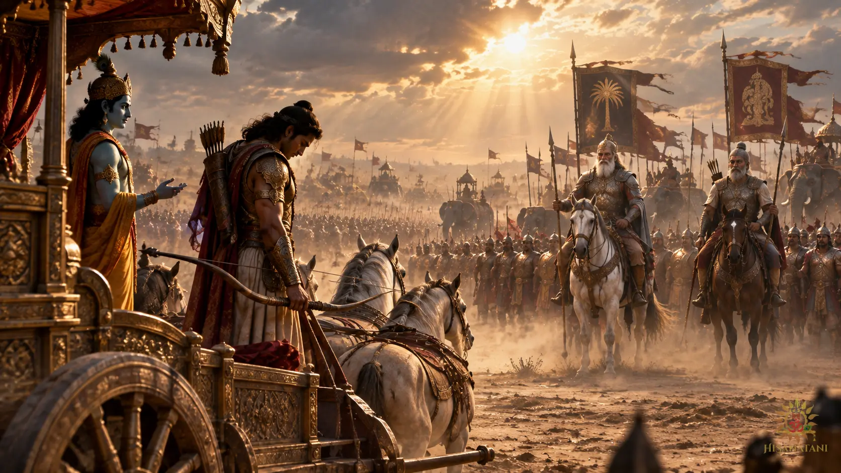 Arjuna lowers his bow as elder warriors Bhishma and Drona stand across dusty Kurukshetra: Bhagavad Gita 2.5 Summary on duty.