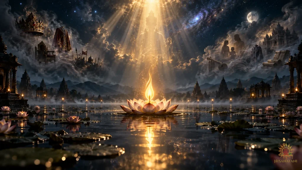 A single steady flame floats above a moonlit lotus pond as worldly symbols fade into mist: Bhagavad Gita 2.5 Summary on the soul.