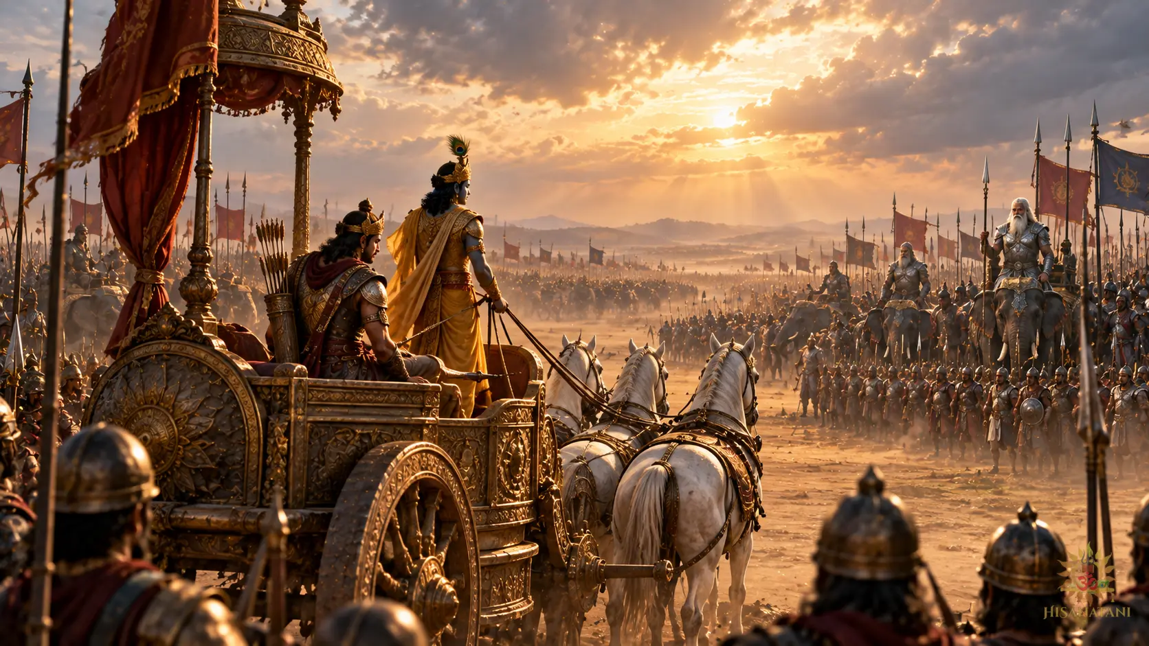 Krishna and Arjuna pause between ancient armies at Kurukshetra in Bhagavad Gita 2.6 Summary, revealing its historical meaning.
