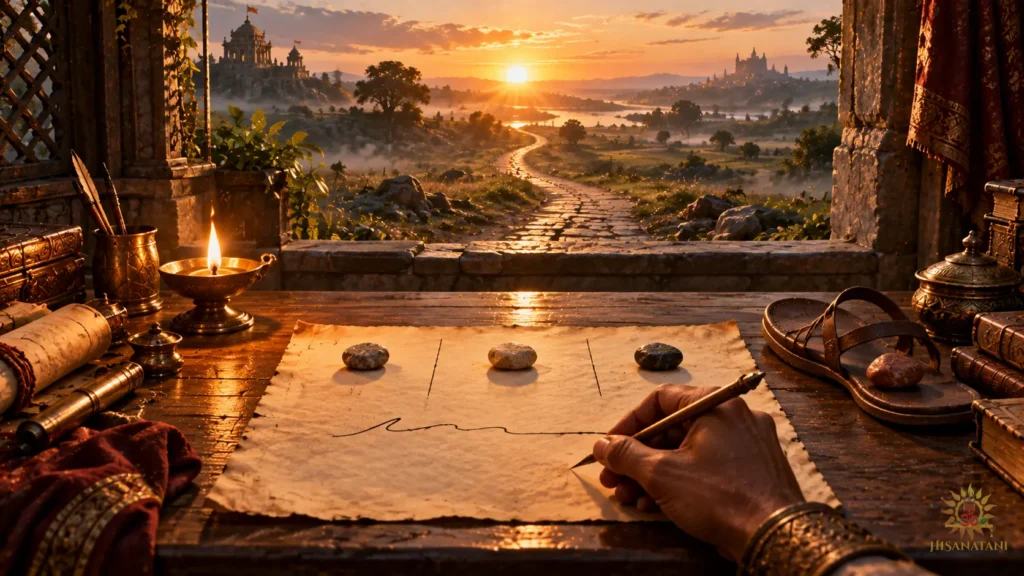 A hand writes one line beside sandals and stones at a dawn window, reflecting Bhagavad Gita 2.6 Summary and decision-making.