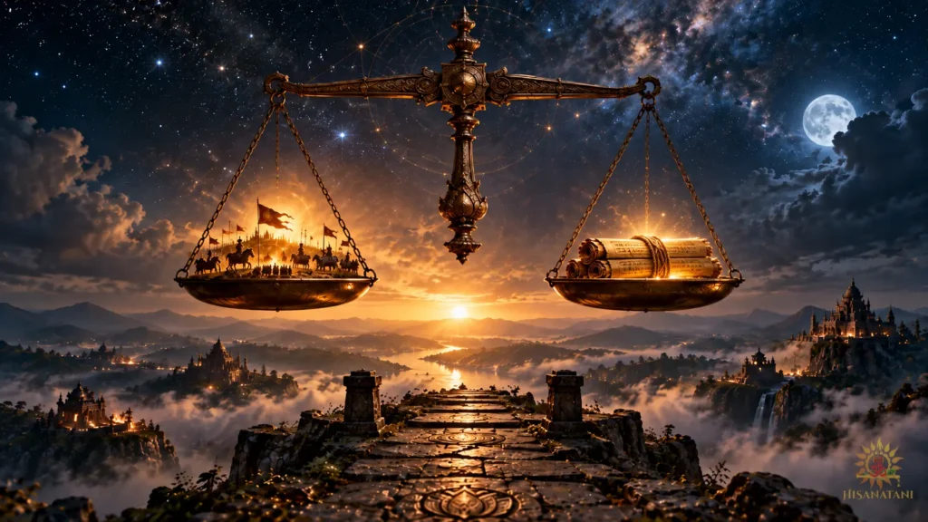 A cosmic balance weighs a battlefield against a heart, illustrating Bhagavad Gita 2.6 Summary and spiritual meaning.