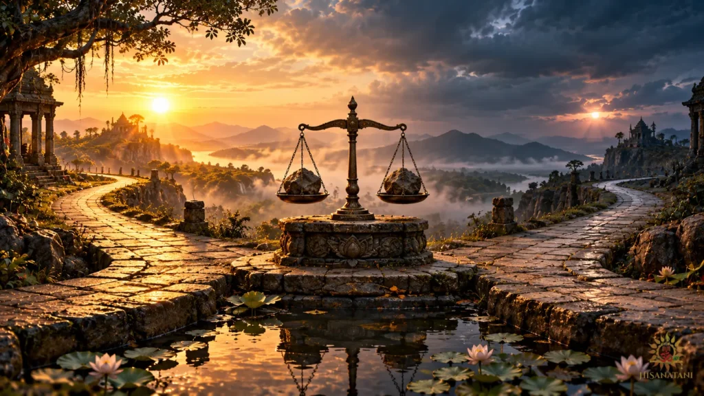 Two ancient paths carry equal weight beside still water, expressing Bhagavad Gita 2.6 Summary and decision-making.