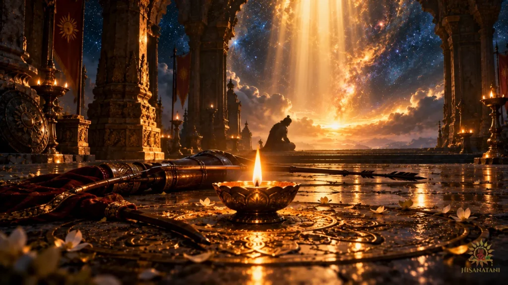 A lone diya shines beside a lowered bow, evoking Bhagavad Gita 2.6 Summary and spiritual guidance.