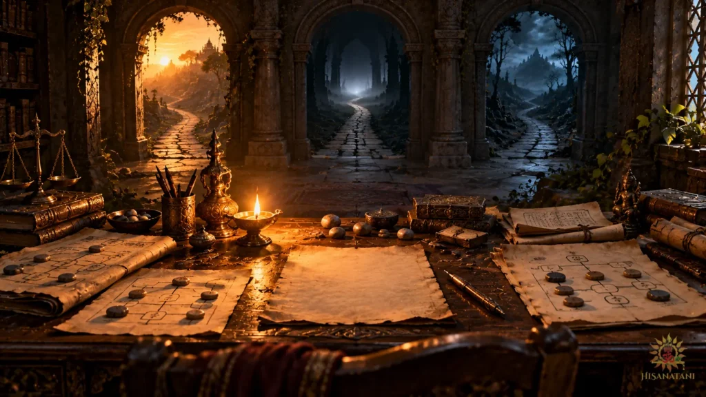 A lamp illuminates competing paths and blank choices, showing Bhagavad Gita 2.6 Summary and uncertainty.