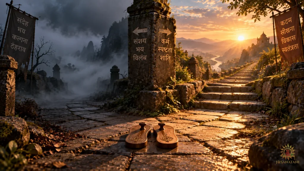 Sunlit stone path at dawn representing practical application of Bhagavad Gita 2.2 Summary for overcoming self doubt.