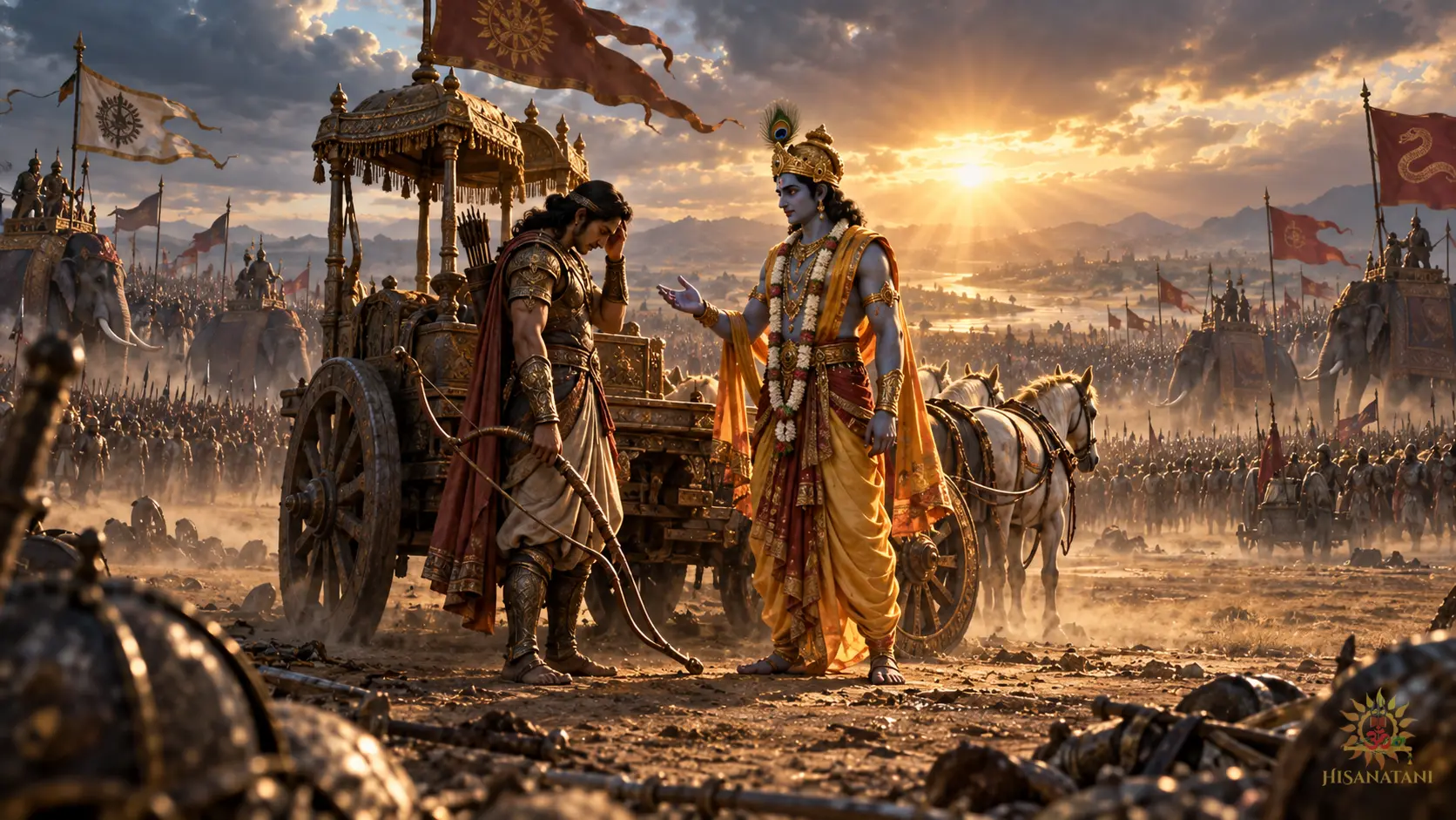 Krishna addresses a shaken Arjuna between ancient armies — Bhagavad Gita Summary 2.3, Bhagavad Gita courage.