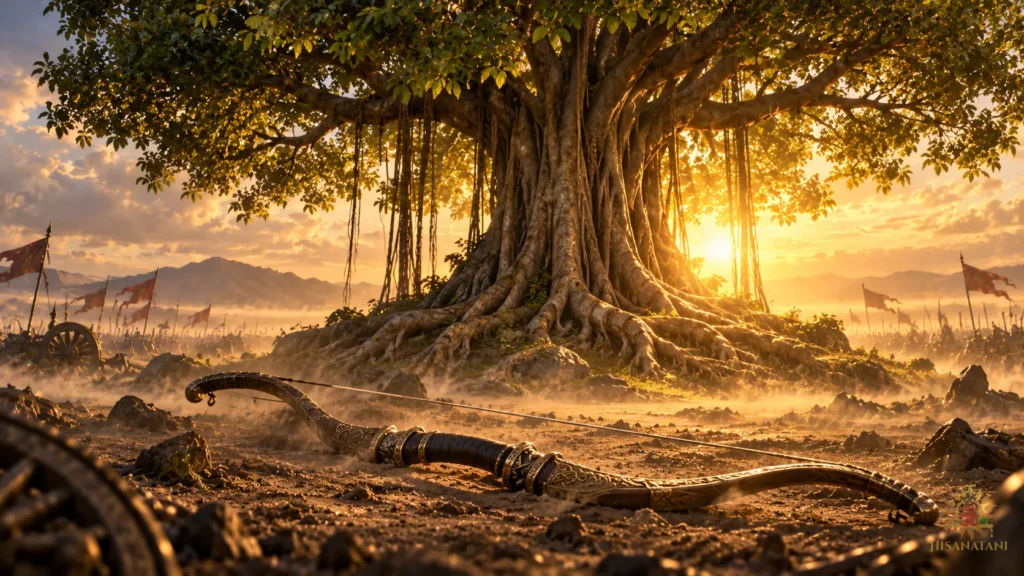 A fallen bow rests beneath a rooted banyan tree — Bhagavad Gita 2.3 Summary, self-doubt and inner strength.