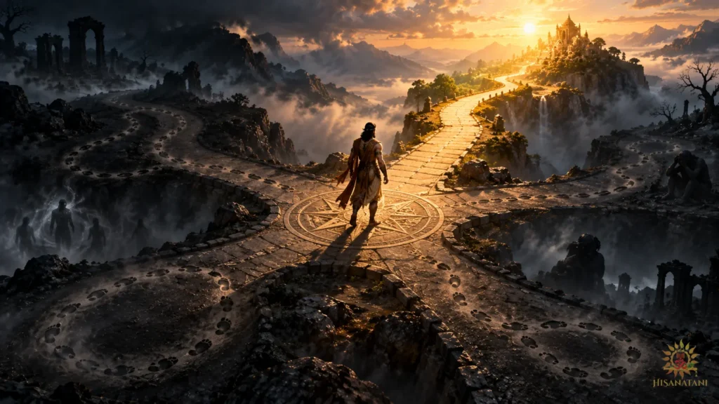A figure steps from a looping crossroads toward light — Bhagavad Gita 2.3 Summary, overcoming fear.