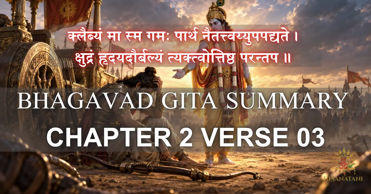 Arjuna sits beside his fallen bow as Krishna calls him to rise — Bhagavad Gita Summary 2.3, inner courage.