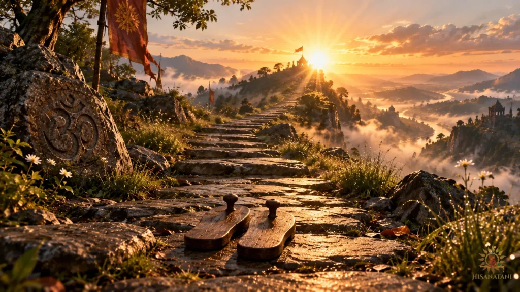 Sunlit stone path ascending a hill in Bhagavad Gita 2.3 Summary emphasizing Bhagavad Gita duty over emotion.