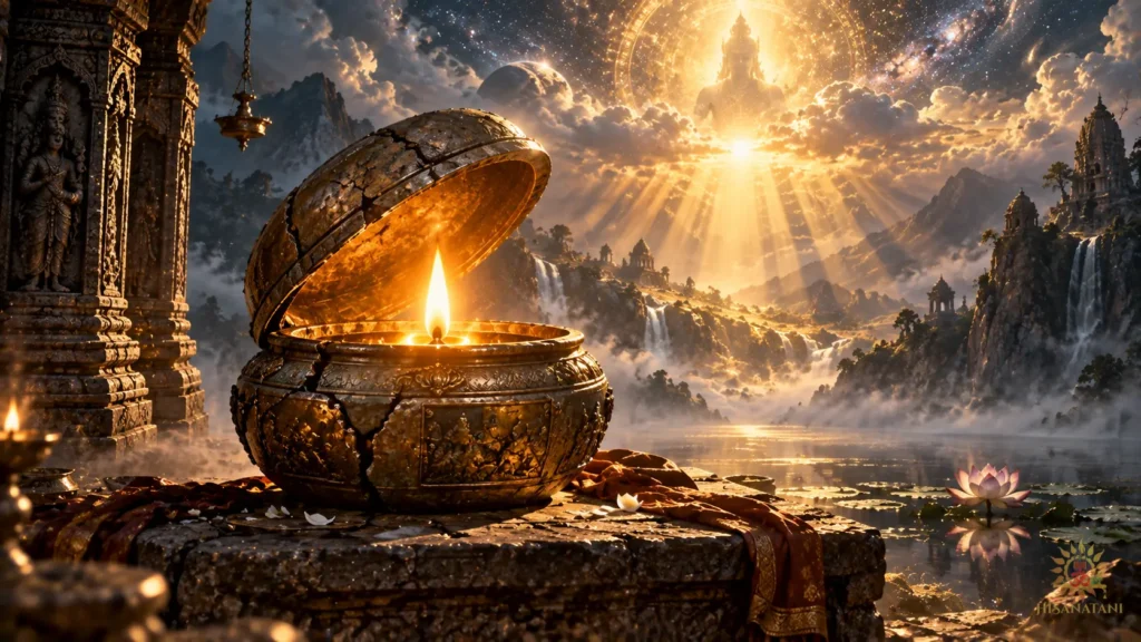 A steady flame glows inside a cracked bronze vessel — Bhagavad Gita 2.3 Summary, spiritual meaning and inner strength.