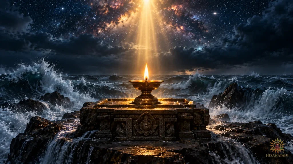 Glowing diya in stormy ocean in Bhagavad Gita 2.3 Summary explaining Bhagavad Gita fear of failure.